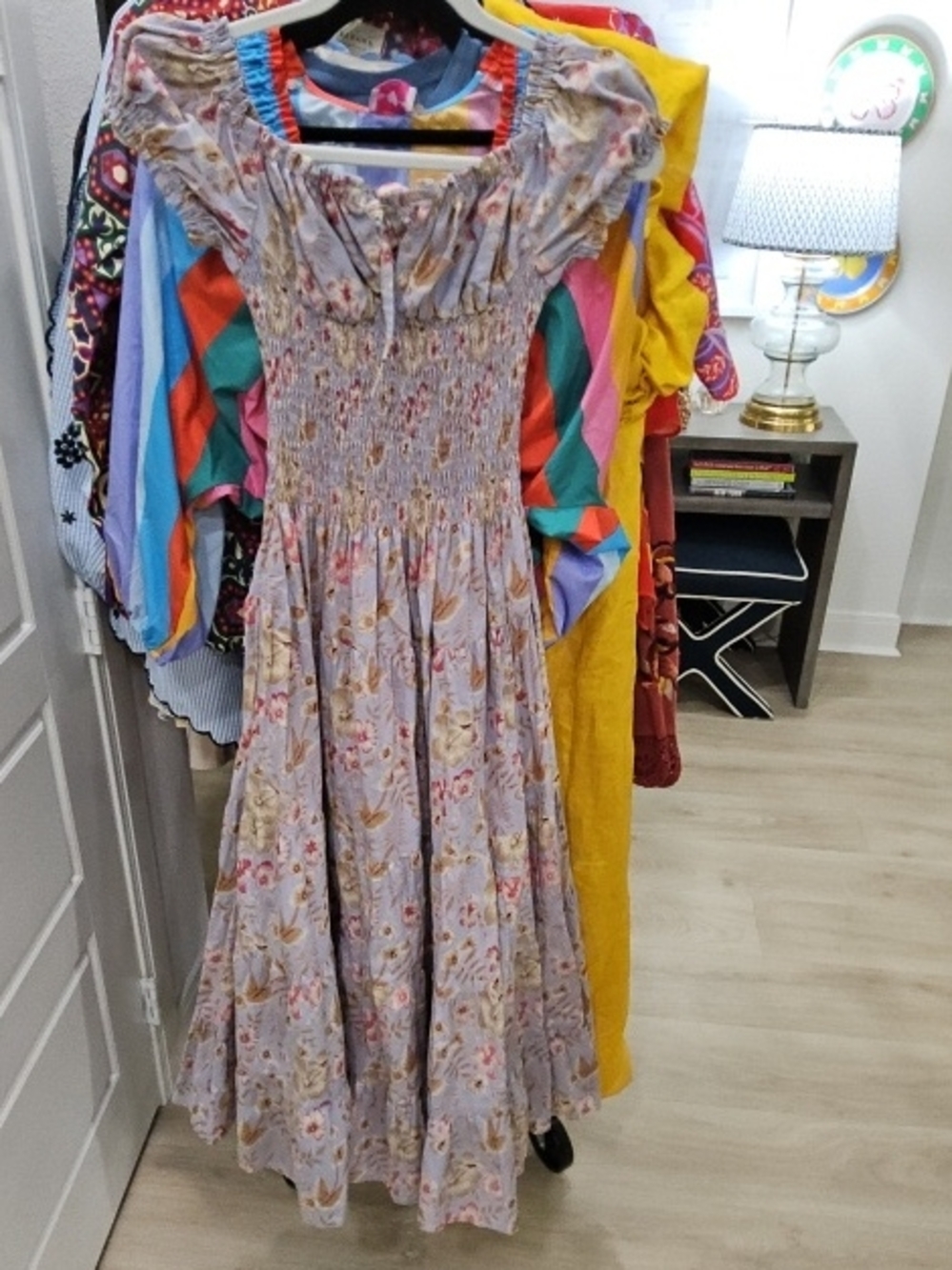 Lavender Floral Off-Shoulder Maxi Dress with Smocked Bodice